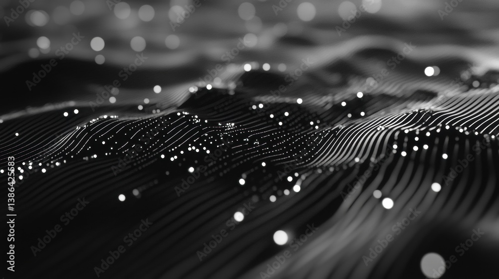 An abstract representation of a dark, undulating landscape illuminated by scattered glowing dots and flowing lines. The image features a wave-like structure created by thin lines in varying curves, re
