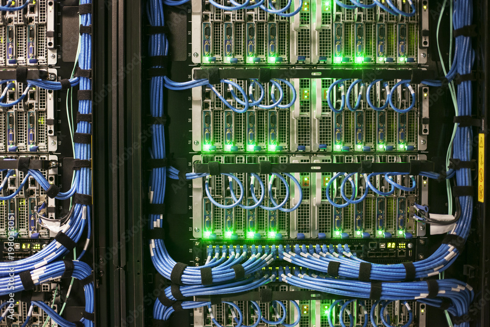 Servers with CAT 5 cables on racks  in a large computer server farm.